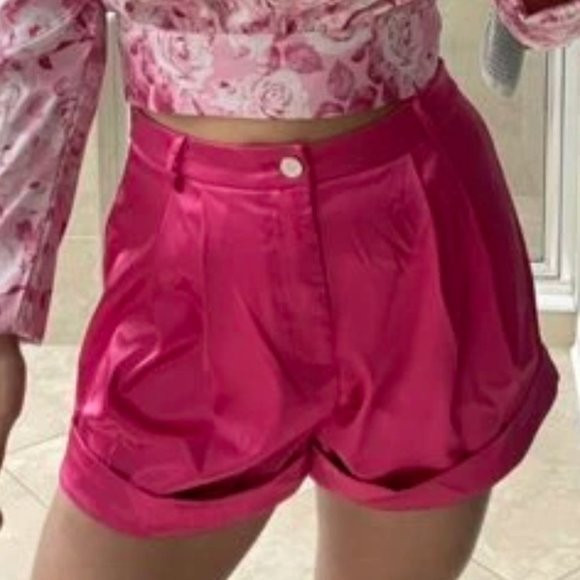 Pink Satin Wide Leg High Waist Shorts - Picture 6 of 8